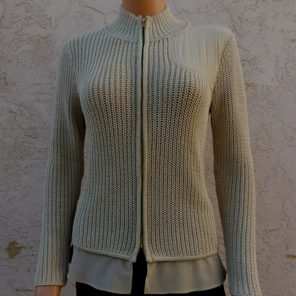 ST.JOHN Beige Wool Silk Metallic Cardigan Sweater - Picture 1 of 7